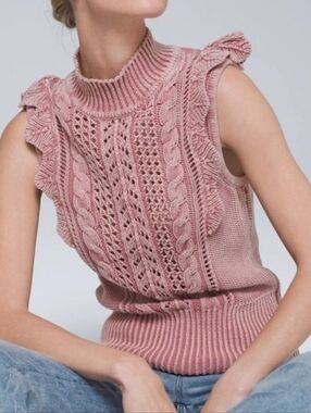 White House Black Market Mauve Sleeveless Cabled Mock Neck Sweater 100% Cotton
